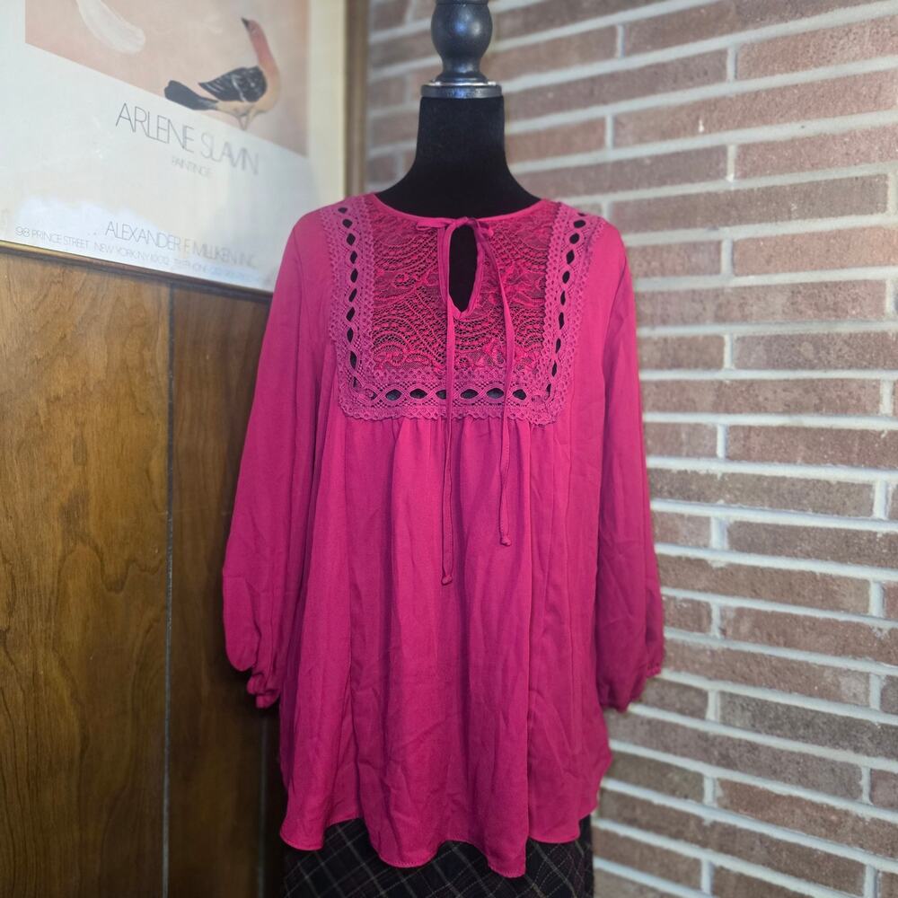 iz BYER Fuchsia Pink Lace Neck Boho Blouse Top Women's Size XL Long Sleeve